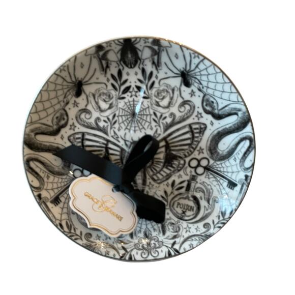 Grace Teaware Fine Porcelain Halloween Appetizer Plates 6" Black White 4pc NEW - Picture 5 of 15